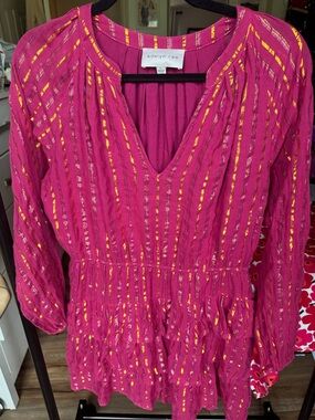 Adelyn Rae Fuchsia Tunic mini dress with Metallic Gold Stripes and ruffles - L